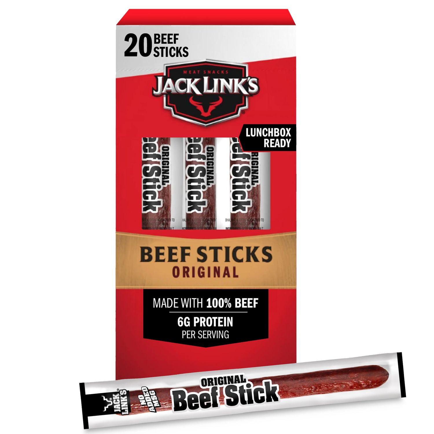 Jack Link&#39;s Beef Sticks, Original - Protein Snack, Meat Stick with 6g of Protein, Made with 100% Beef, Individually Wrapped Beef Snack Sticks - 0.92 Oz. (20 Count)