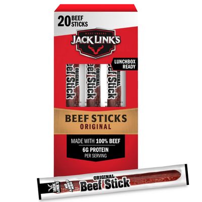 Jack Link&#39;s Beef Sticks, Original - Protein Snack, Meat Stick with 6g of Protein, Made with 100% Beef, Individually Wrapped Beef Snack Sticks - 0.92 Oz. (20 Count)