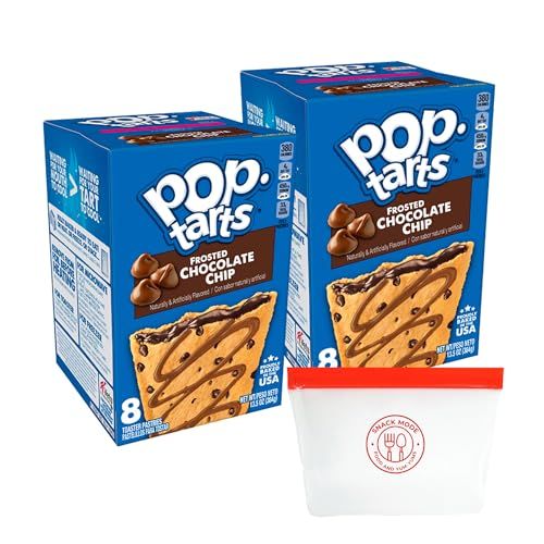 Deluxe Chocolate Chip Pop-Tarts Bundle - 16 Toaster Pastries (2x8 Packs) with Portable Silicone Snack Bag | Ideal for Quick Breakfasts &amp; On-the-Go Snacks