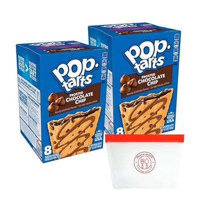 Deluxe Chocolate Chip Pop-Tarts Bundle - 16 Toaster Pastries (2x8 Packs) with Portable Silicone Snack Bag | Ideal for Quick Breakfasts &amp; On-the-Go Snacks