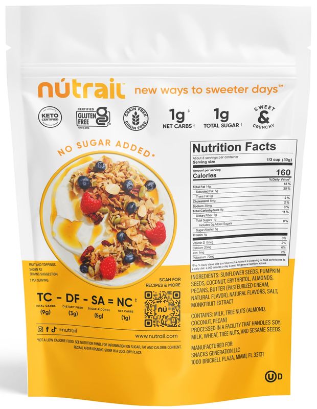 NuTrail Nut Granola Cereal, Honey Nut, No Sugar Added, Keto, Low Carb, Gluten Free, Grain Free, Healthy Breakfast 8 oz. 1 Count