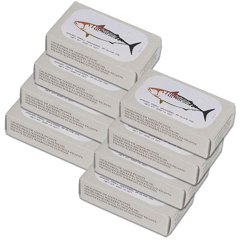 Canned Spiced Small Mackerel in Olive Oil by Jose Gourmet, Wild Caught Portuguese Mackerel, Tinned Fish in Olive Oil, High Protein Sustainable Seafood Snacks, Omega 3, Fair Trade, 120g Can, Pack of 8