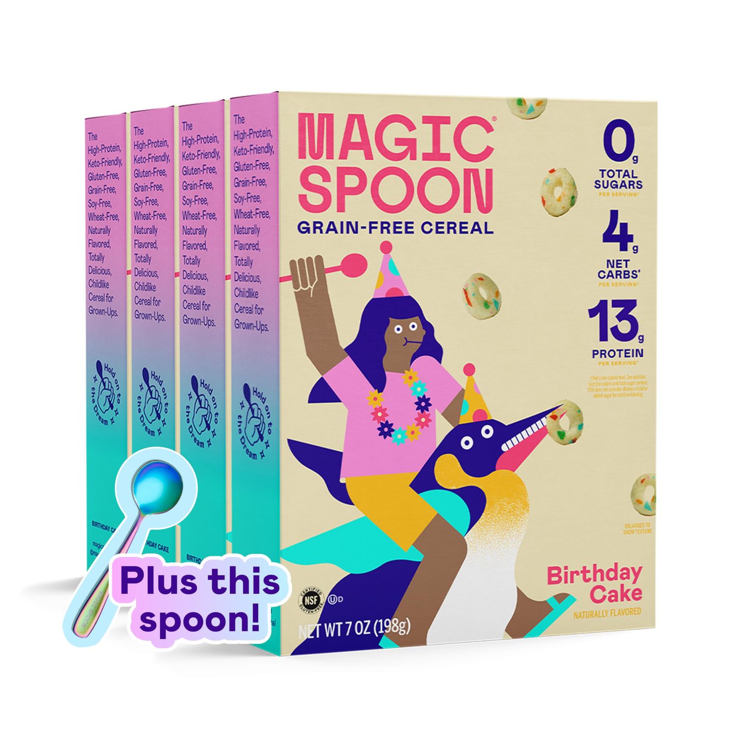 Magic Spoon Cereal - Birthday Cake 4-Pack of Cereal and Spoon - Keto &amp; Low Carb Lifestyles, Gluten &amp; Grain Free, High Protein, 0g Sugar