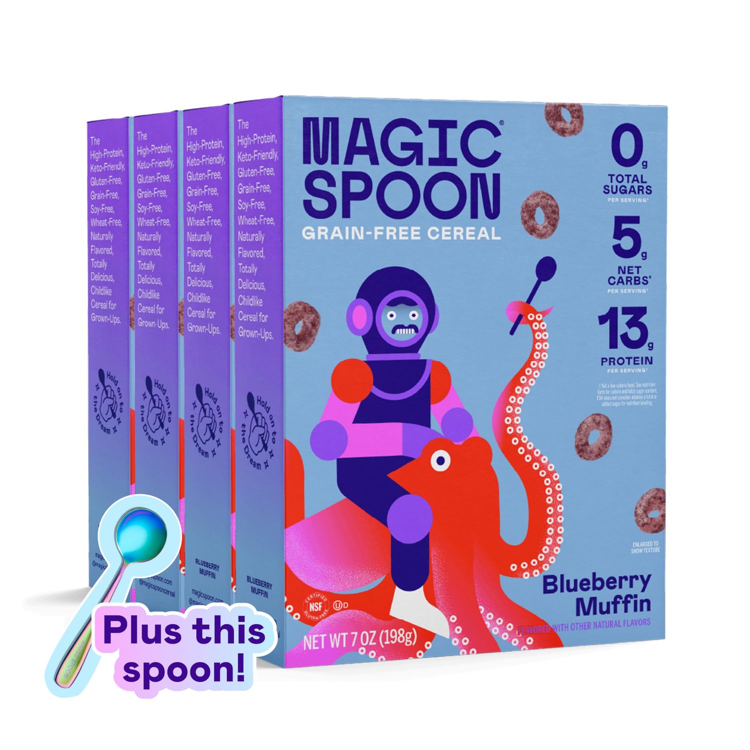 Magic Spoon Cereal - Blueberry Muffin 4-Pack of Cereal and Spoon - Keto &amp; Low Carb Lifestyles, Gluten &amp; Grain Free, High Protein, 0g Sugar