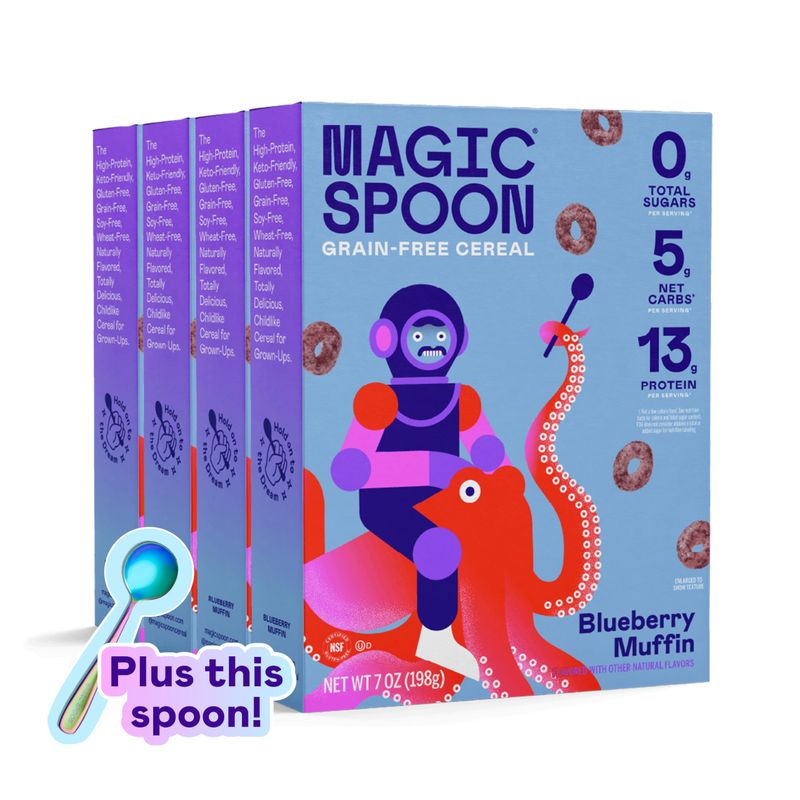 Magic Spoon Cereal - Blueberry Muffin 4-Pack of Cereal and Spoon - Keto &amp; Low Carb Lifestyles, Gluten &amp; Grain Free, High Protein, 0g Sugar