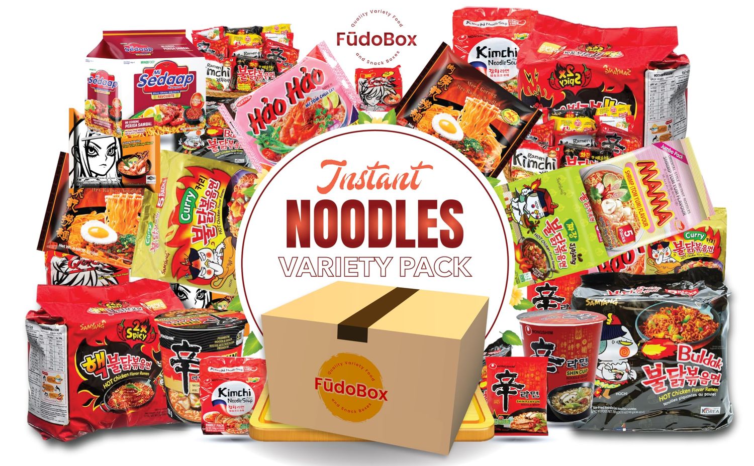 FUDOBOX Asian Instant Ramen Noodles Variety Pack with Cookies &amp; Chopsticks | Mama, Hao, Acecook | Student Care Package | Spicy Noodles Challenge | 15 Pack Assorted