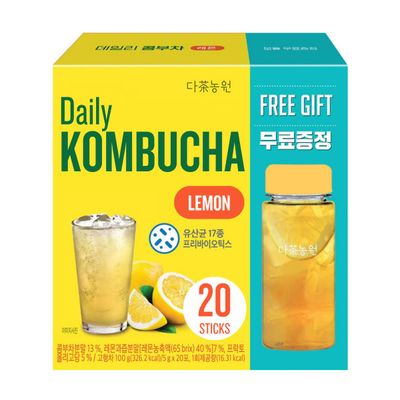 Garden Kombucha Tea, Powder 5g x 20 Sachets (100g/3.52oz) Probiotics, Prebiotics, Sugar Free, Balck Tea, Healthy Drink with Bottle (FREE BOTTLE SHAKER) (Lemon)