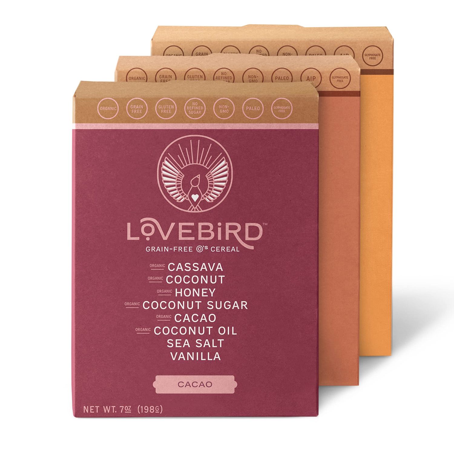 Lovebird Gluten Free Cereal Variety 3 Pack - Organic Grain Free Cereals Paleo AIP Dairy Free Keto Friendly No Refined Sugar Healthy Snacks for Kids, Adults - Cacao, Honey, Cinnamon