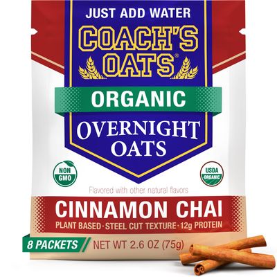 Coachs Oats Organic Overnight Oats Cinnamon Chai - 8 Packets, 2.6oz | Just Add Water, Steel-Cut Texture, 100% Vegan | Non-GMO, Plant-Based 12g Protein | Designed to Fuel the Athlete in You!