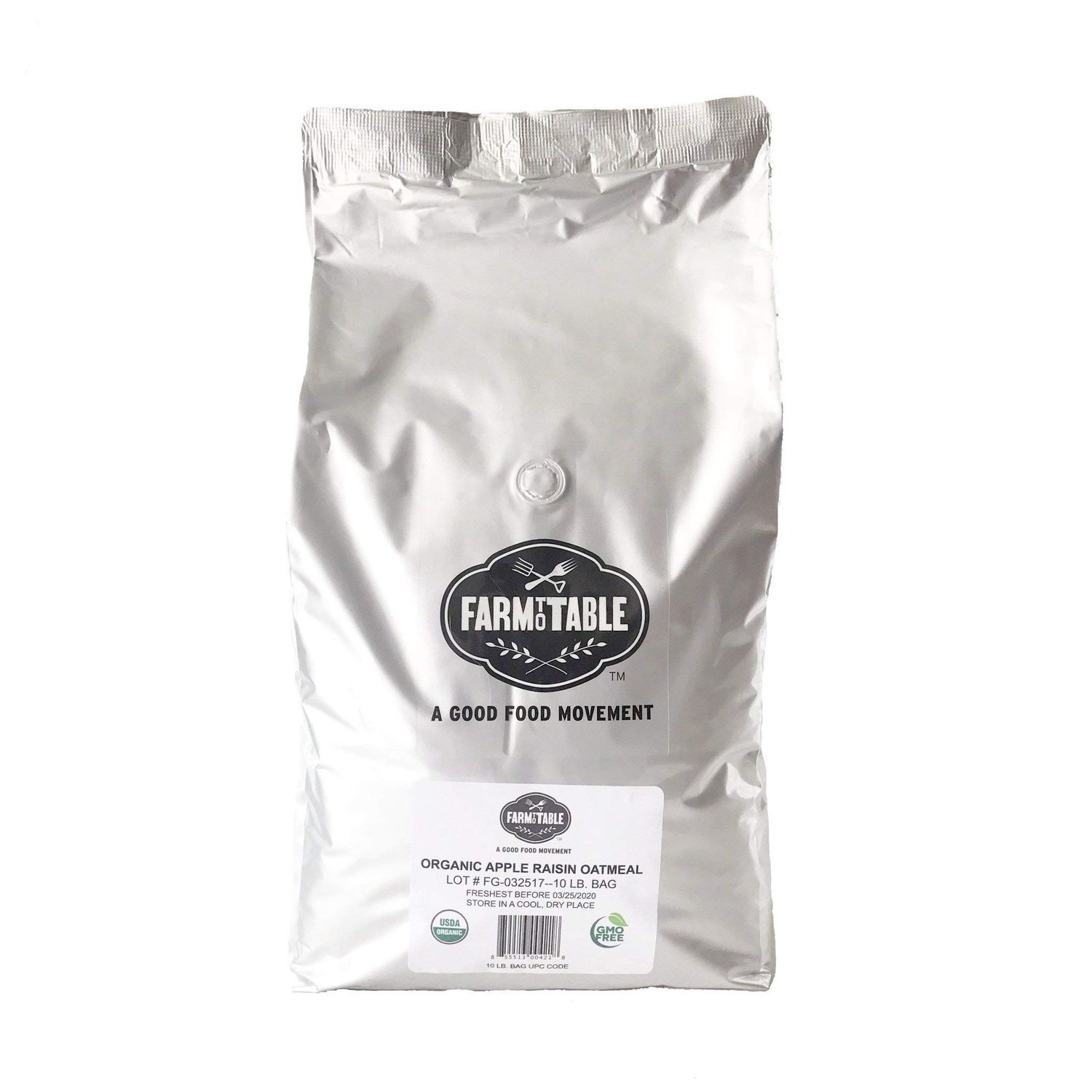 Farm to Table Foods Organic Apple Raisin Whole Grain Oatmeal - High Fiber &amp; Protein, All Natural - 10 lb. Bag