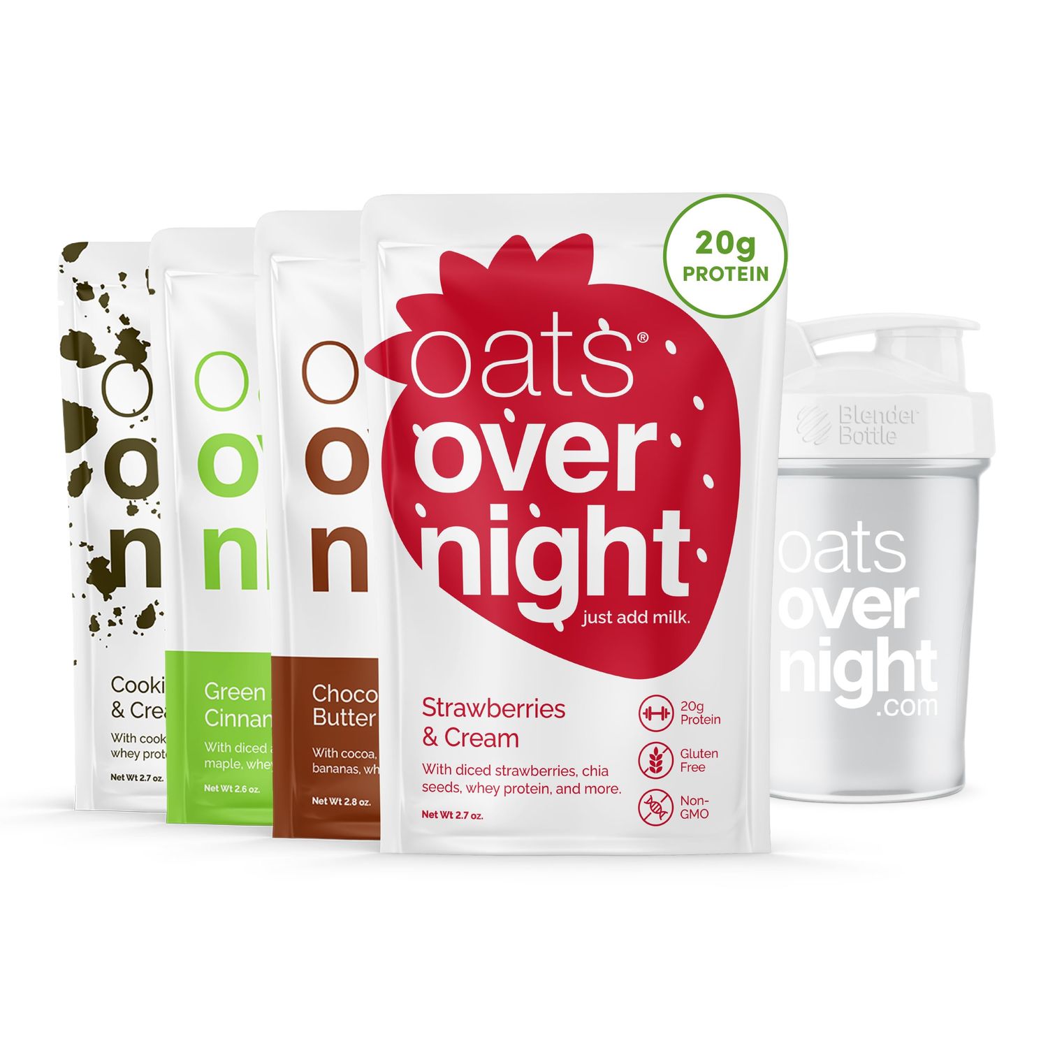 Oats Overnight Classic Variety Pack - High Protein, High Fiber Breakfast Protein Shake - Gluten Free Oatmeal, Non GMO Oatmeal - Green Apple Cinnamon, Cookies &amp; Cream &amp; More (8 Pack + BlenderBottle)
