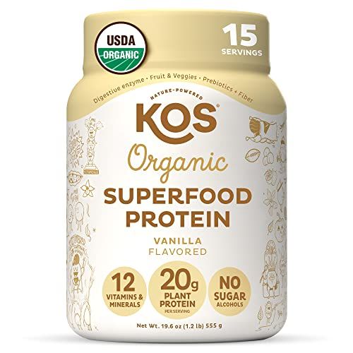 KOS Vegan Protein Powder Erythritol Free, Vanilla - USDA Organic Pea Protein Blend, Plant Based Superfood Rich in Vitamins &amp; Minerals - Keto, Dairy Free - Meal Replacement for Women &amp; Men, 15 Servings