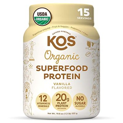 KOS Vegan Protein Powder Erythritol Free, Vanilla - USDA Organic Pea Protein Blend, Plant Based Superfood Rich in Vitamins &amp; Minerals - Keto, Dairy Free - Meal Replacement for Women &amp; Men, 15 Servings