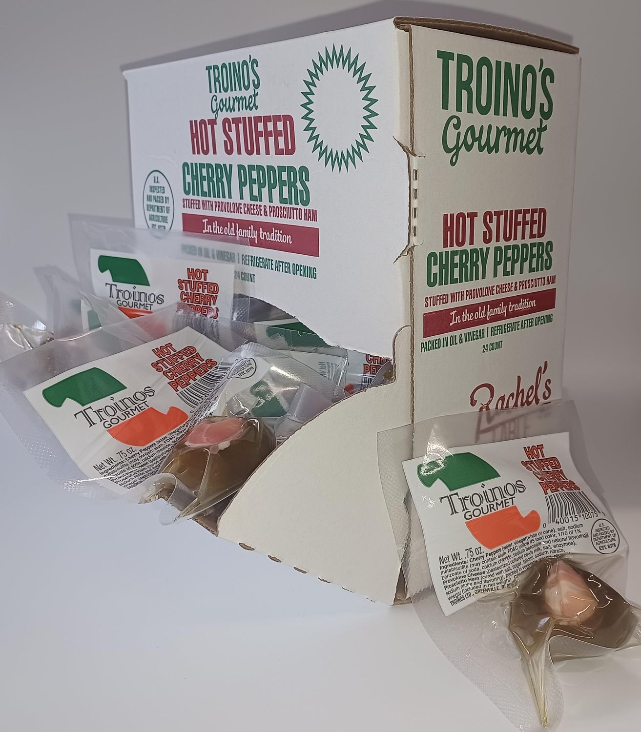 Troino&#39;s Gourmet Hot Stuffed Cherry Peppers with Prosciutto &amp; Provolone (24 Individually Wrapped Hot Stuffed Singles in Counter Top Display Box)