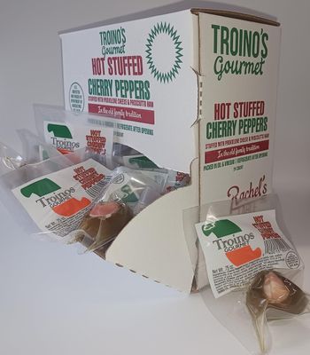 Troino&#39;s Gourmet Hot Stuffed Cherry Peppers with Prosciutto &amp; Provolone (24 Individually Wrapped Hot Stuffed Singles in Counter Top Display Box)