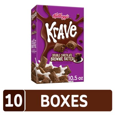 Kellogg's Krave Cold Breakfast Cereal, Kids Snacks, Double Chocolate, Brownie Batter, 6.5lb (10 Boxes)
