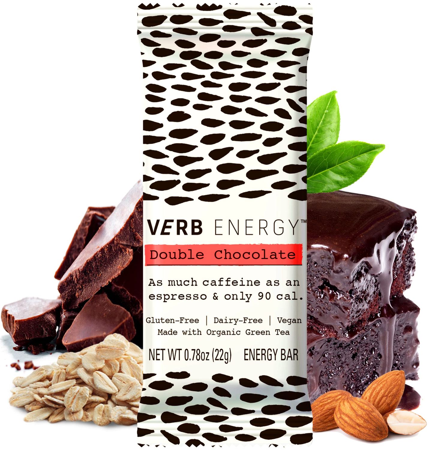 Verb Double Chocolate Caffeinated Energy Bars - 90-Calorie Low Sugar Energy Bar - Delicious Nutrition Bars - Vegan Snacks - Gluten Free Breakfast Bars with Organic Green Tea, 22g (Pack of 12)