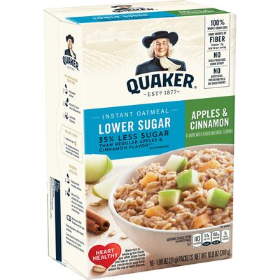 Quaker Instant Oatmeal, Lower Sugar, Apples &amp; Cinnamon, Breakfast Cereal, 1.09 Ounce (Pack of 4)