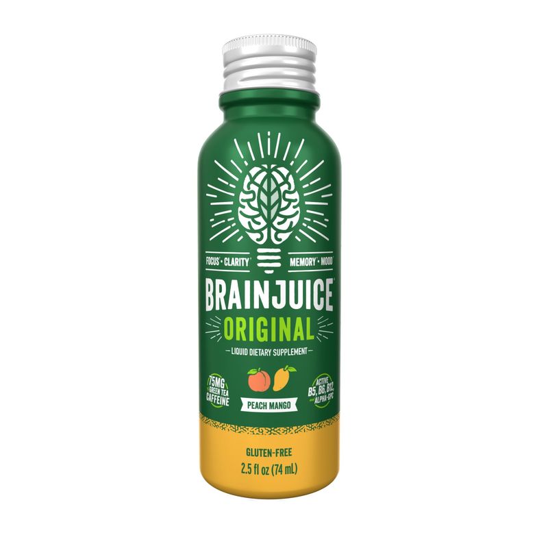BrainJuice Energy &amp; Focus Shot, Gluten Free Supplement, Healthy Drinks with Alpha GPC, Vitamin B &amp; Organic Green Tea Extract Caffeine, Peach Mango, 2.5 fl oz, 12 pack