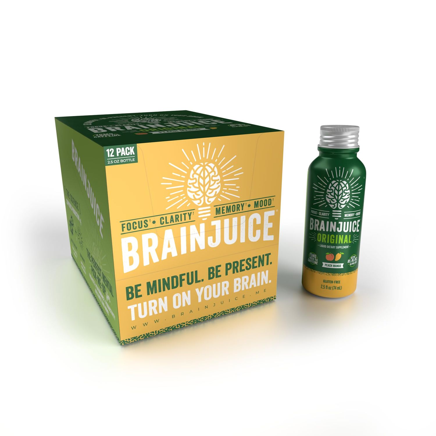 BrainJuice Energy &amp; Focus Shot, Gluten Free Supplement, Healthy Drinks with Alpha GPC, Vitamin B &amp; Organic Green Tea Extract Caffeine, Peach Mango, 2.5 fl oz, 12 pack