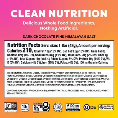 Quantum Energy Square: Energy Bar with Caffeine & 10g Protein. Delicious Healthy Snack On The Go. (Vegan, Gluten-free, Soy-free, Dairy-free). Flavor: Dark Chocolate Pink Himalayan Salt 8Pk