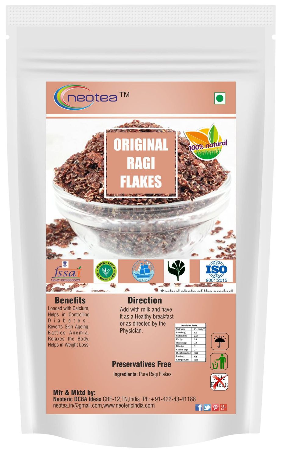 Neotea Original Ragi Flakes 300 GM-Sugar Free | Finger Millet Flakes | Finger Millet Poha Flakes | Healthy Breakfast Millet Flakes | Gluten-Free | High-Fibre Food