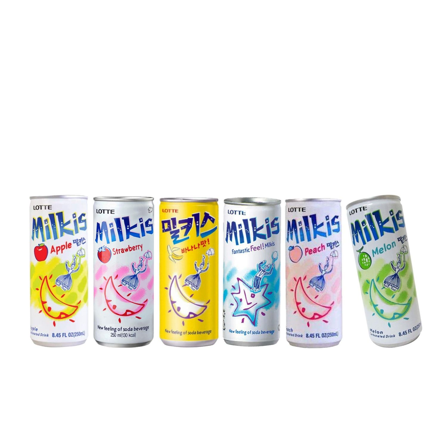 Lotte Milkis 6 Flavors Combo (Original, Apple, Melon, Peach, Banana, &amp; Strawberry) (6 Flavors, Pack of 1)