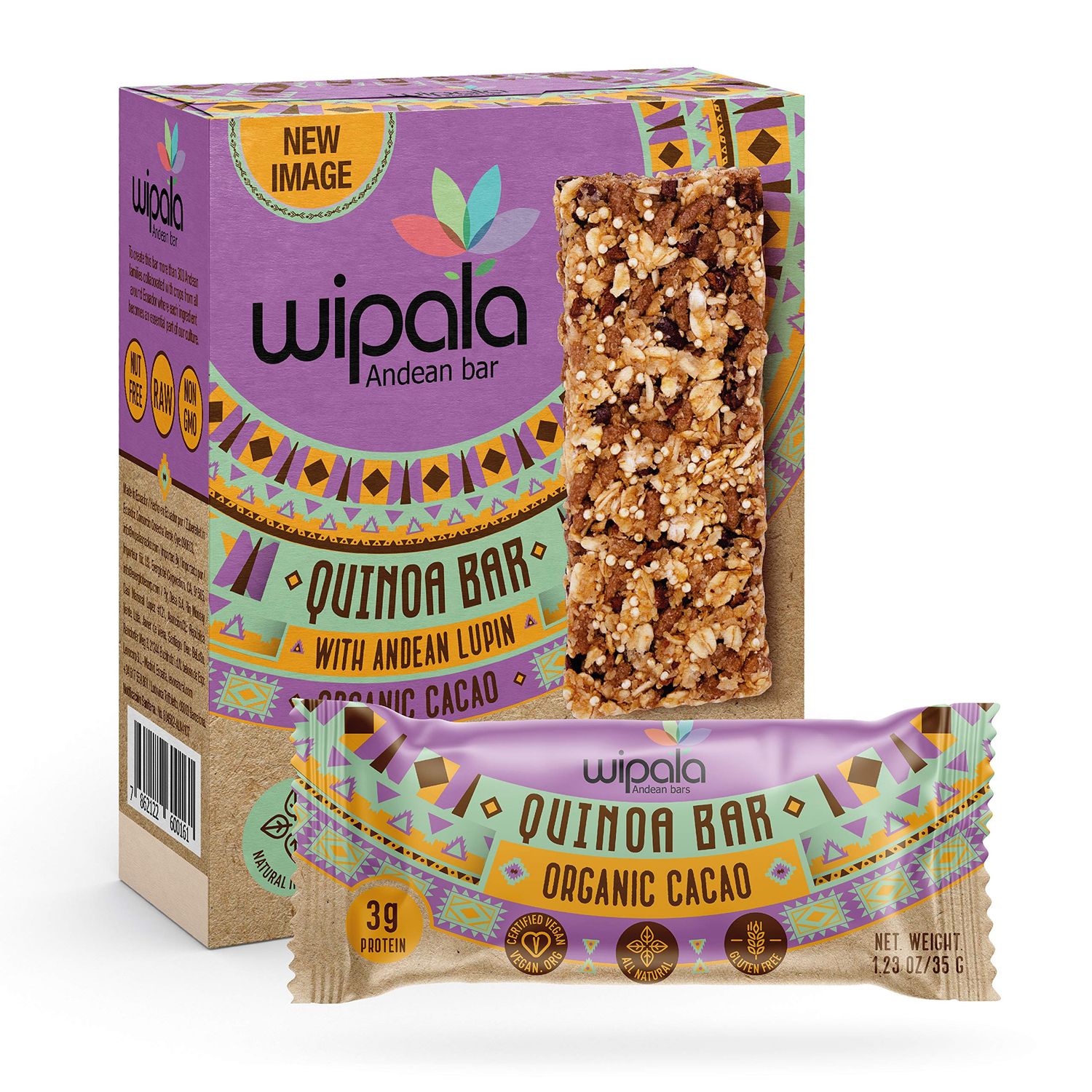 Wipala Protein Bars - Cacao : Made with Quinoa and Andean Lupin, Vegan, Nut Free, Gluten Free, Non-GMO, 12 Pack