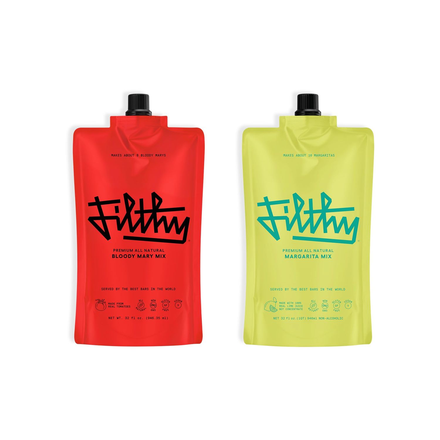 Filthy Margarita Mix and Bloody Mary Mix, All Natural, 32 Oz Pouch Each
