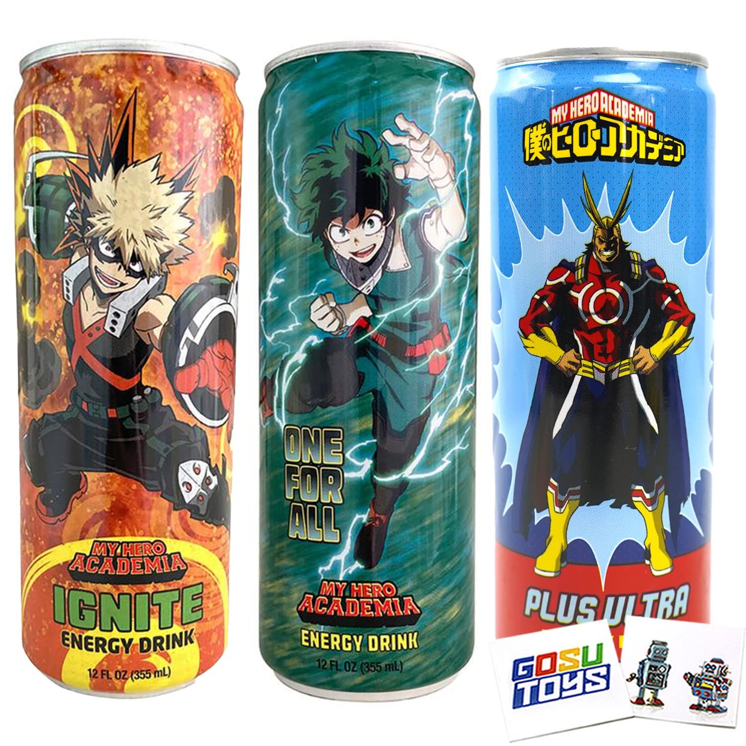 My Hero Academia Energy Drinks (3 Pack) Plus Ultra (All Might) , One For All (Deku), Ignite (Bakugo) with 2 Gosutoys Stickers