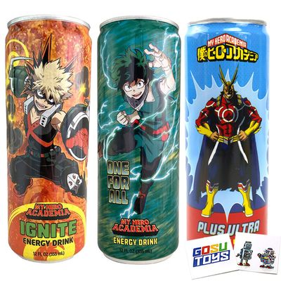 My Hero Academia Energy Drinks (3 Pack) Plus Ultra (All Might) , One For All (Deku), Ignite (Bakugo) with 2 Gosutoys Stickers