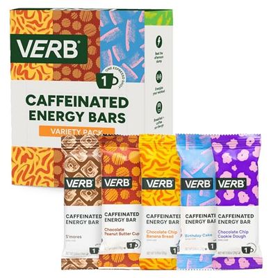 Verb Variety Pack - 15 Caffeinated Energy Bars in 5 Flavors - Low-Calorie Low, Sugar Energy Bar - Nutrition Bars - Vegan Snacks - Gluten Free Breakfast Bars with Organic Green Tea, 22g (Pack of 15)