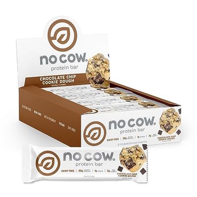 No Cow High Protein Bars, Chocolate Chip Cookie Dough - Healthy Snacks, 20g Vegan Protein, High Fiber, Low Sugar, Keto Friendly, Dairy &amp; Gluten Free (12 Count)