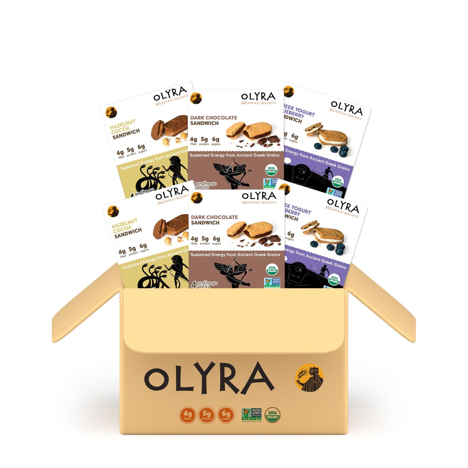 Olyra Variety Pack Sandwich Breakfast Biscuit, Healthy Snacks for Kids and Adults, Low Sugar, High Fiber, Vegan Organic Cookies, with Ancient Greek Grains, USDA Certified Organic, Non GMO, 24 Packs