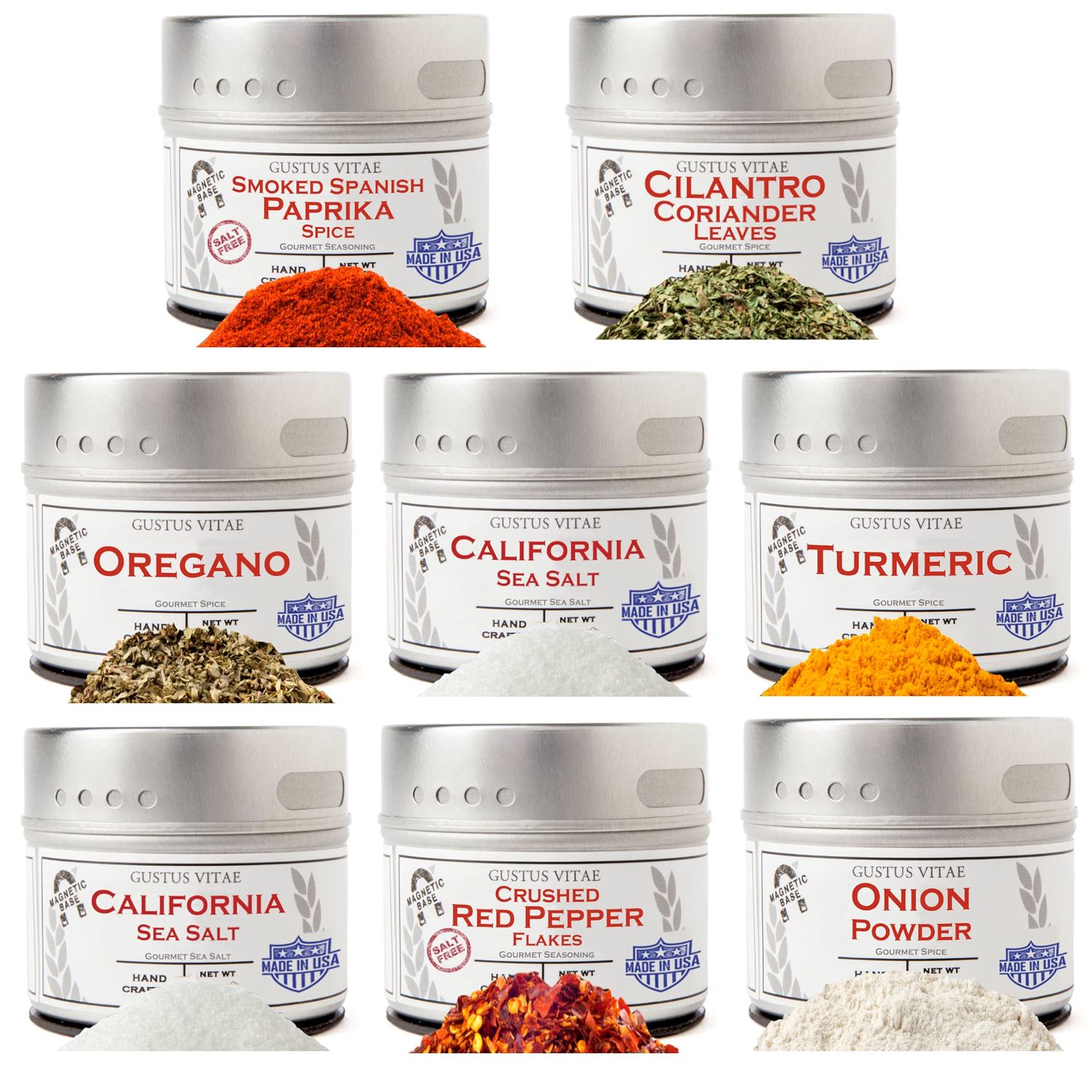 Pantry Starter Kit | Non GMO | Gourmet Spices And Salt | 8 Small Batch Herbs &amp; Spices | Handpacked in Magnetic Tins | Gustus Vitae | #214