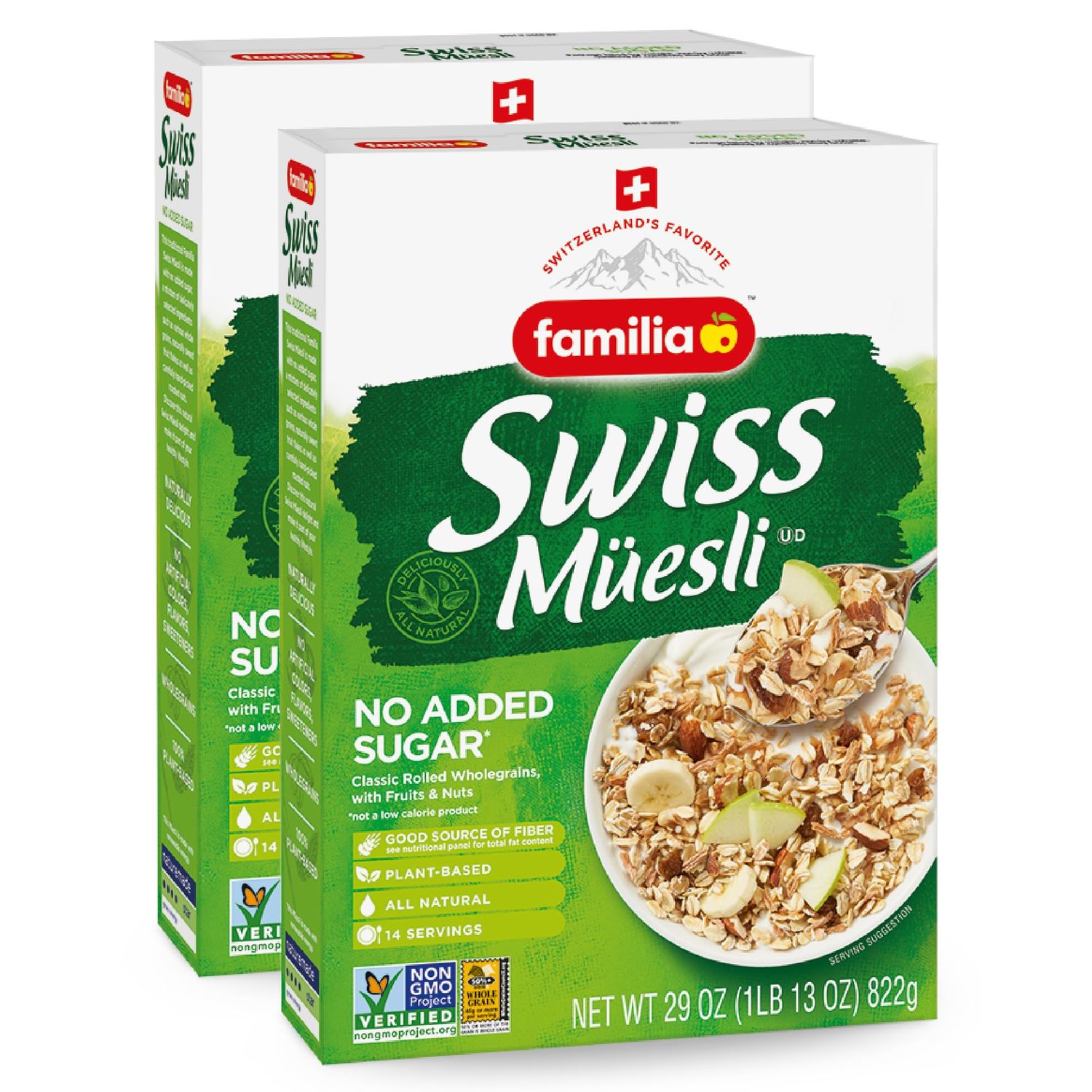 Familia Swiss Muesli Cereal, 0g Added Sugar, Energy-Packed Cereal with Raisins, Hazelnuts and Almonds, 29 Ounce Box (Pack of 2)