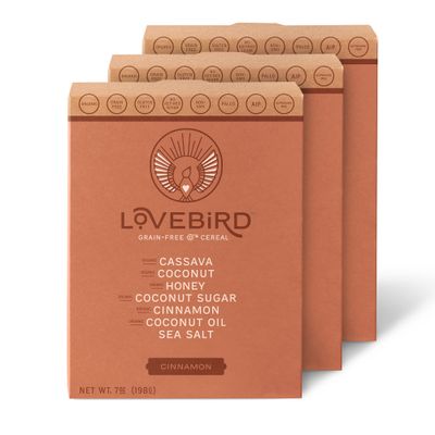 Lovebird Gluten Free Cereal Cinnamon 3 Pack - Organic Grain Free Cereals Paleo AIP Dairy Free Keto Friendly No Refined Sugar Healthy Snacks for Kids, Adults
