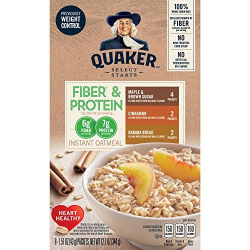 Quaker Instant Oatmeal, Fiber &amp; Protein 3 Flavor Variety Pack, Individual Packets, 8 Count (Pack of 4)