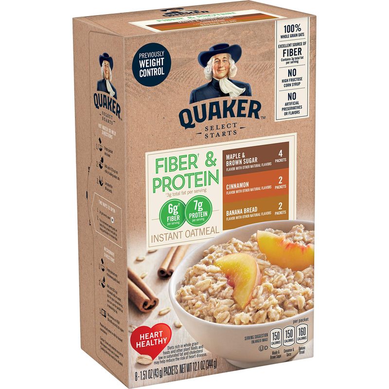 Quaker Instant Oatmeal, Fiber &amp; Protein 3 Flavor Variety Pack, Individual Packets, 8 Count (Pack of 4)