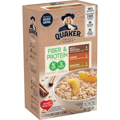 Quaker Instant Oatmeal, Fiber &amp; Protein 3 Flavor Variety Pack, Individual Packets, 8 Count (Pack of 4)