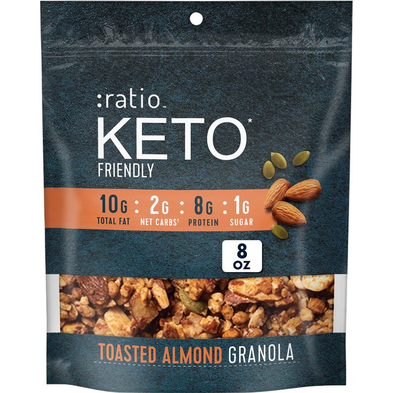 Ratio Trio Toasted Almond Granola Cereal, 1g Sugar, Keto Friendly, 8 oz Resealable Cereal Bag