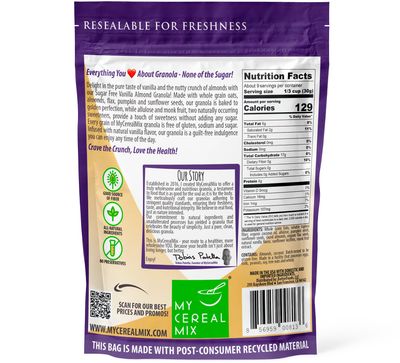 MyCerealMix Sugar Free Granola Vanilla Almond | Non-GMO, Plant-Based, Gluten Free, Soy Free, Sodium Free, No Erythritol/Stevia, No Sugar Alcohols, Premium Healthy Satisfying Crunchy Breakfast, 10oz