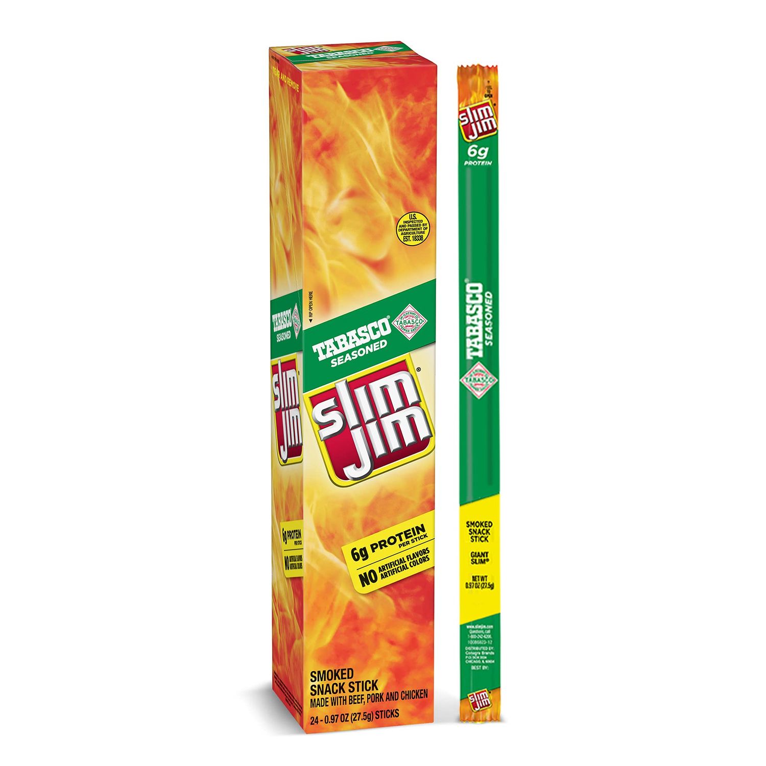 Slim Jim Giant Smoked Meat Sticks, Tabasco Flavor, 6g Protein Per Stick, Great Stocking Stuffer, 0.97 oz. (24 Count)