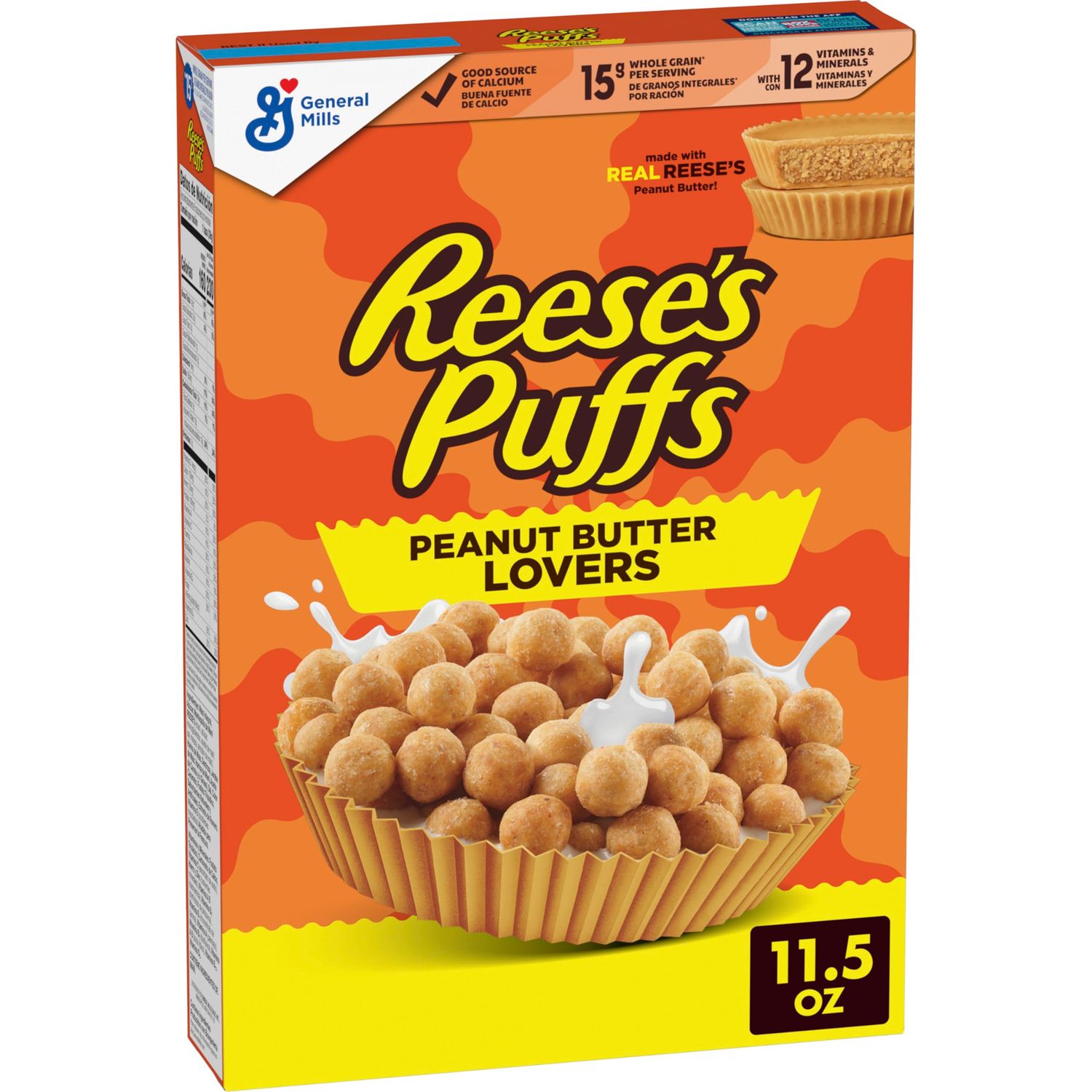 REESES PUFFS Peanut Butter Lovers Breakfast Cereal, Made with Whole Grain and Real REESES Peanut Butter, 11.5 oz