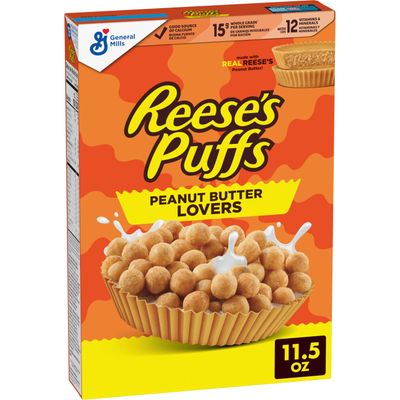 REESES PUFFS Peanut Butter Lovers Breakfast Cereal, Made with Whole Grain and Real REESES Peanut Butter, 11.5 oz