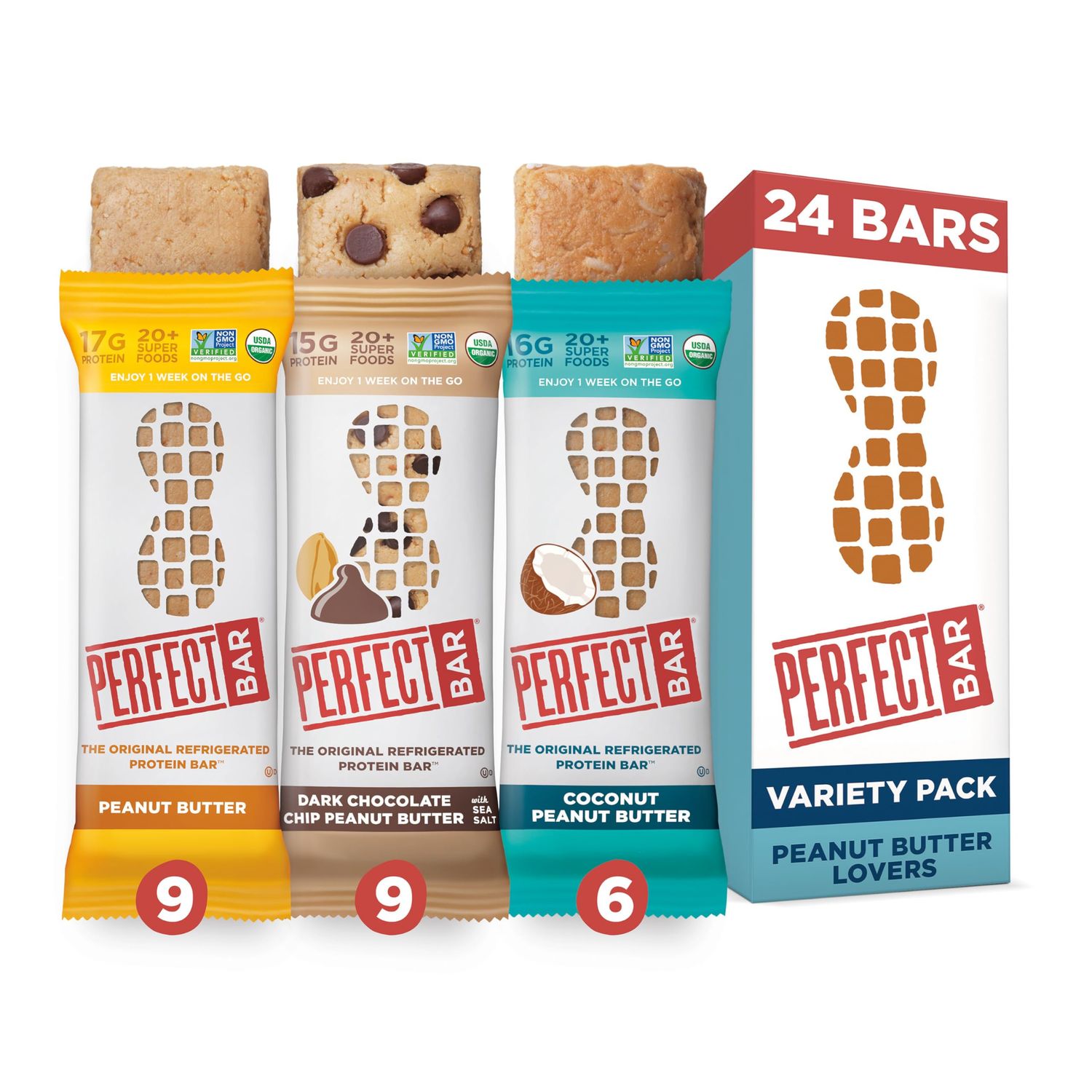 Perfect Bar Original Refrigerated Protein Bar, Peanut Butter Lover&#39;s Variety Bundle, 2.2 - 2.5 Ounce Bar, 8 Count (Pack of 3)