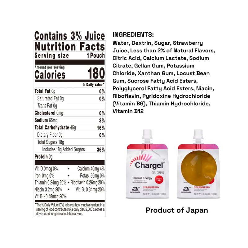 Chargel Strawberry, Caffeine-Free Instant Energy Gel for Running, Biking, Workout, Hiking and Endurance | Carbs Vitamins | Gluten Free - Pack of 6 Pouches - 6.35oz Each
