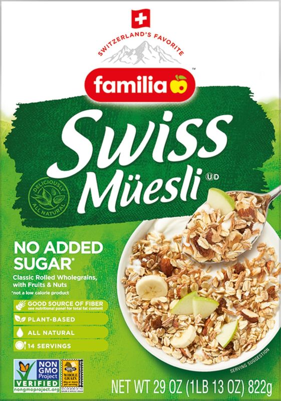 Familia Swiss Muesli Cereal, 0g Added Sugar, Energy-Packed Cereal with Raisins, Hazelnuts and Almonds, 29 Ounce Box (Pack of 1)