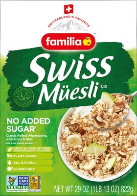 Familia Swiss Muesli Cereal, 0g Added Sugar, Energy-Packed Cereal with Raisins, Hazelnuts and Almonds, 29 Ounce Box (Pack of 1)