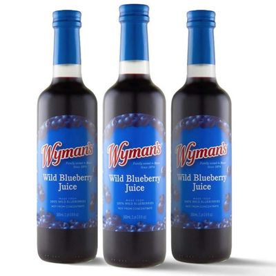 Wyman&#39;s Wild Blueberry Juice, 100% Juice, No Sugar Added, Not From Concentrate, Glass Bottled, 500mL (3 Pack)